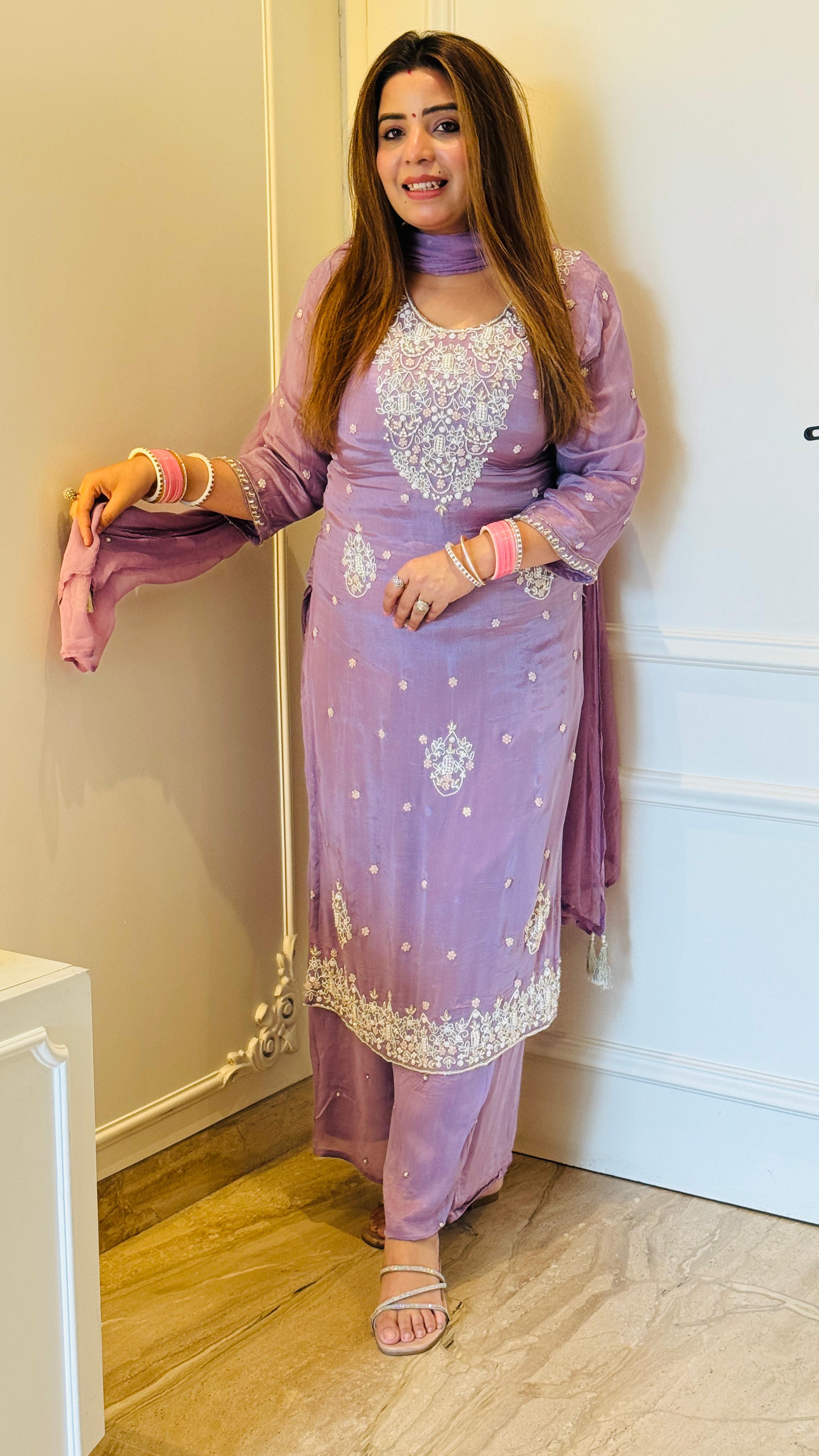 Pure Chinnon Handwork Suit Set with Chiffon Dupatta